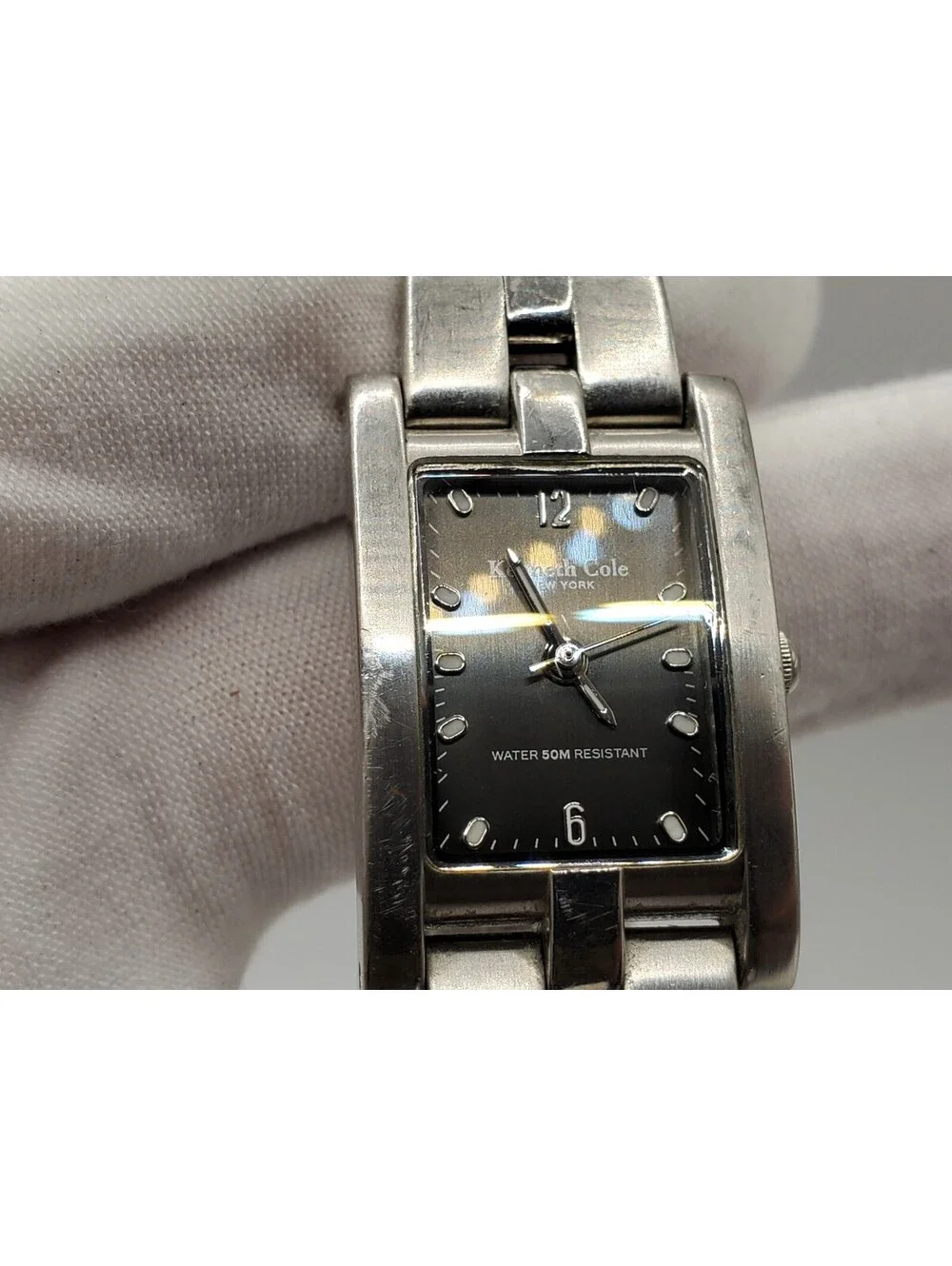 Kenneth Cole Watch Women 20mm Black Rectangle Dial Silver Tone New Battery